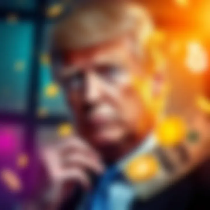 Former President Trump surrounded by cryptocurrency symbols and dollar bills, pondering investment decisions