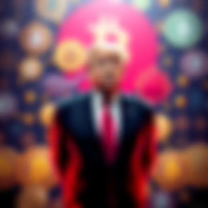 Former President Donald Trump stands with various cryptocurrency symbols in the background, suggesting his financial ties to the crypto industry while in office.