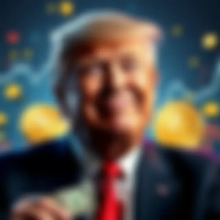 Donald Trump smiling with dollar bills and cryptocurrency symbols, while investors look worried with a downward trend graph in the background.