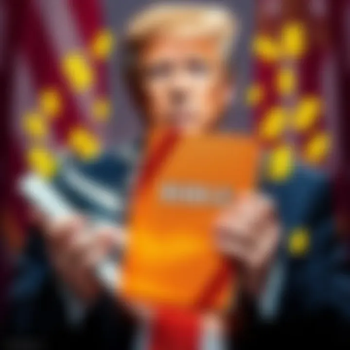 President Trump holding sneakers and a bible with dollar signs around him, symbolizing his $57 million earnings from a crypto venture.