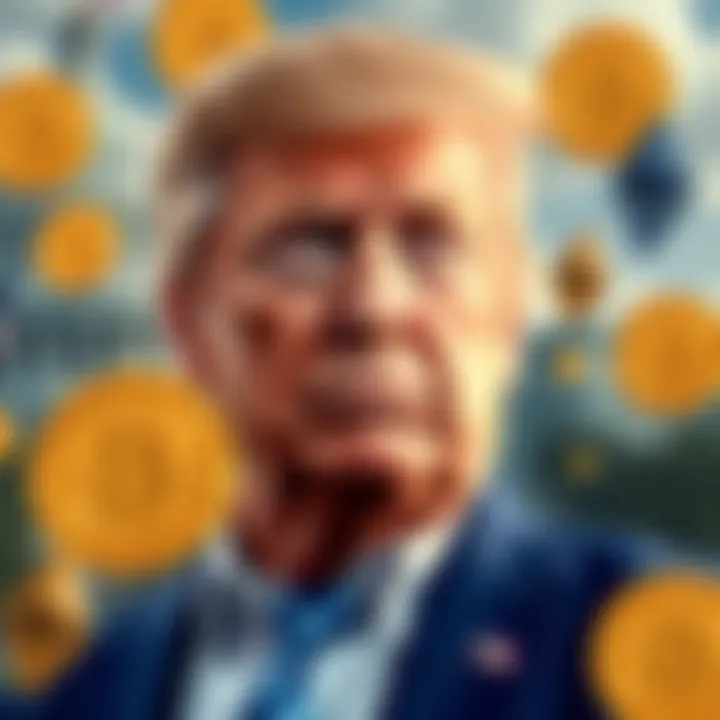 Image of a middle-aged man resembling Donald Trump, surrounded by various cryptocurrency symbols like Bitcoin and Ethereum, showing a thoughtful expression, with a backdrop of government buildings.