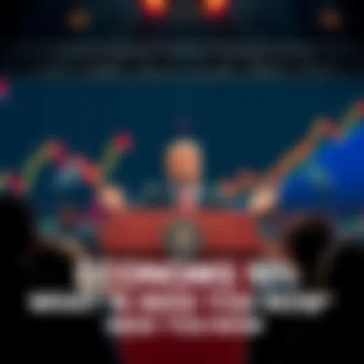Donald Trump speaking at a podium with economic graphs in the background, addressing an audience