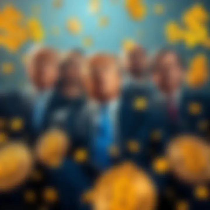 The Trump family surrounded by cryptocurrency symbols and dollar signs, indicating a financial boost.