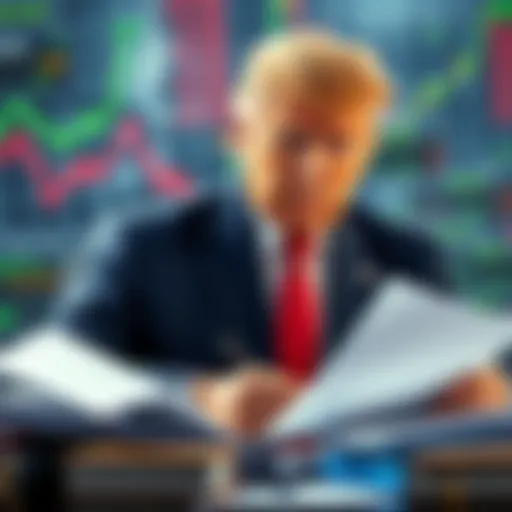 President Trump reviewing financial documents with stocks and bonds in the background