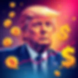 Illustration of Donald Trump with a graph showing significant financial loss alongside cryptocurrency symbols and a dollar sign