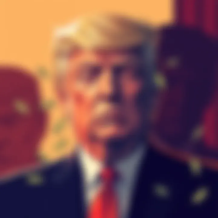 Illustration of President Trump with money symbols, representing his earnings from the $TRUMP memecoin, while shadows of disappointed investors reflect behind him.