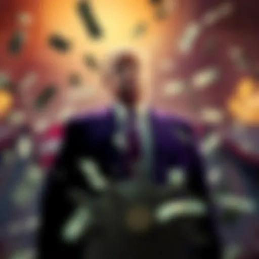 A depiction of Donald Trump standing with money symbols around him, emphasizing the impact of wealth on politics.