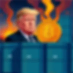 An illustration showing former President Trump beside oil barrels and a Bitcoin symbol, representing the connection between Trump's Hormuz deal and market effects.