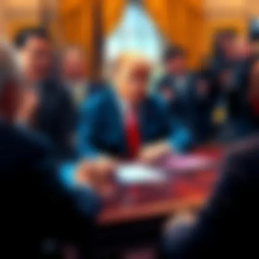 President Trump signs a bill for cryptocurrency regulation, surrounded by advisors and media