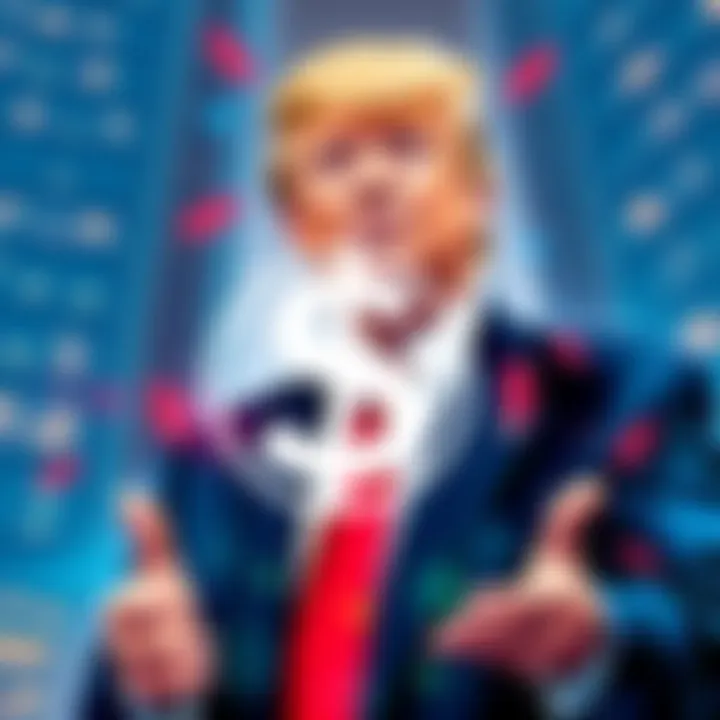 Donald Trump promoting a premium subscription service for Wall Street firms, with a graphic showing a dollar sign and office buildings in the background.