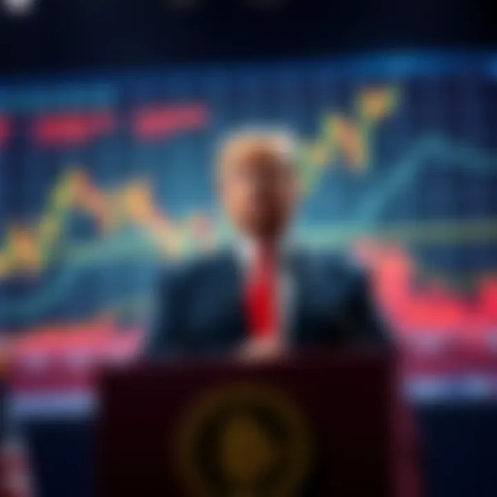 President Trump at a podium discussing new trade war initiatives, with graphs showing Bitcoin fluctuations in the background