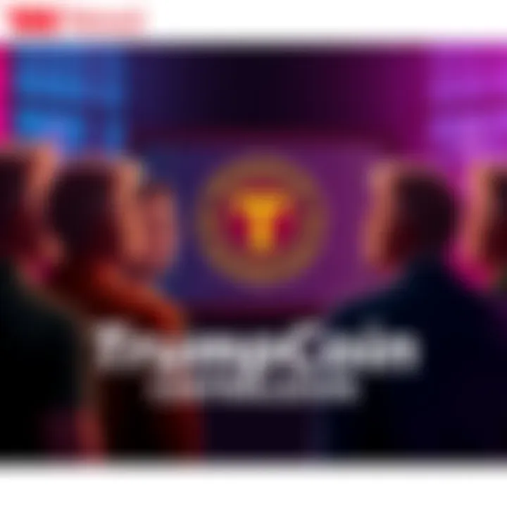 TrumpCoin Centralization A group of surprised investors looking at a digital screen showing the TrumpCoin logo with a central point highlighted, indicating centralization issues.