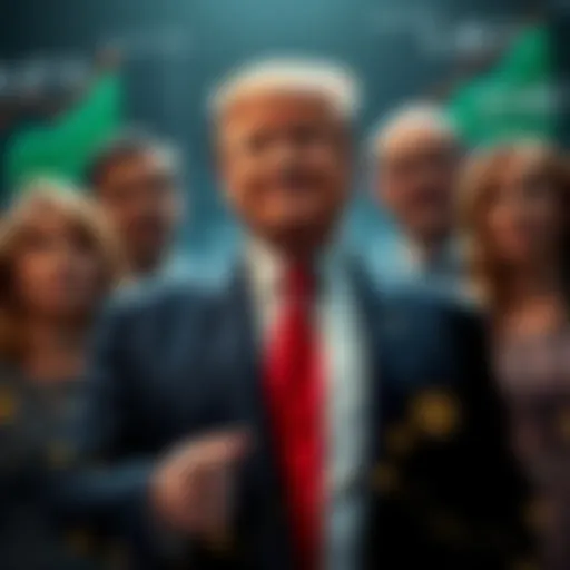 Donald Trump standing with family members, smiling, amidst cryptocurrency graphics showing declining values, while investors look worried in the background.