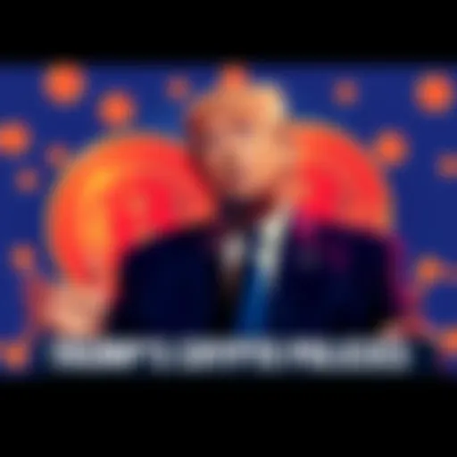 Donald Trump speaking at a podium with Bitcoin symbols in the background, representing his crypto-friendly policies.
