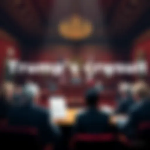 A courtroom scene depicting a lawsuit filed against Donald Trump's crypto project, with legal documents and concerned attendees present.