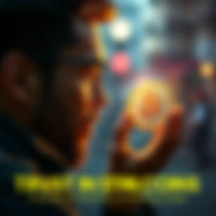 A person contemplating while holding a stablecoin symbol in their hand, representing trust in digital currencies.