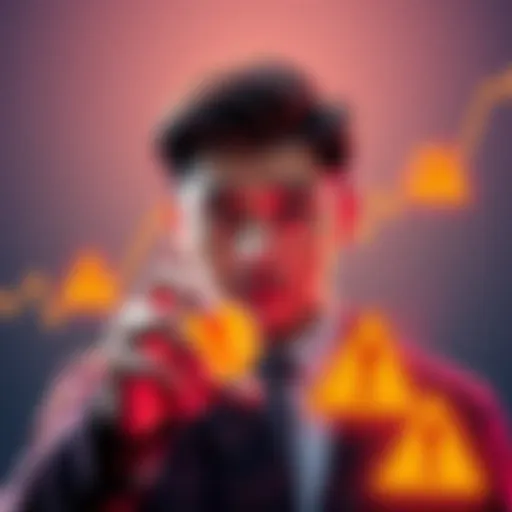 A visual representation of skepticism in cryptocurrency, showing a person looking worried while holding a digital token, with a backdrop of a declining graph and warning signs, symbolizing trust issue...