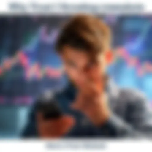 A person viewing trading screenshots on a phone, looking confused, with a chart showing fluctuating prices in the background.