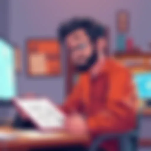 A TV animator sitting at a desk, sketching characters and reviewing animation frames with a thoughtful expression.