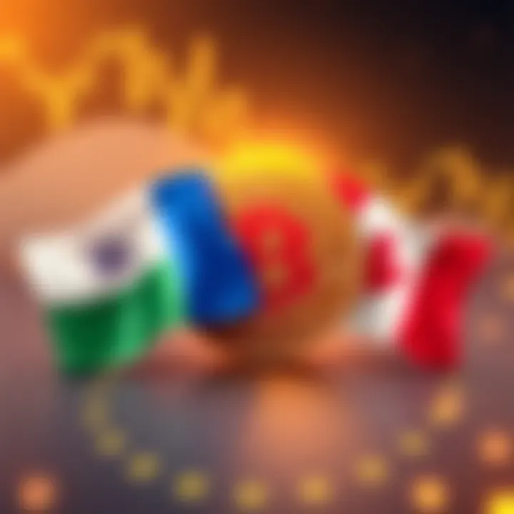 Flags of two countries above the Bitcoin symbol, representing their control over the network