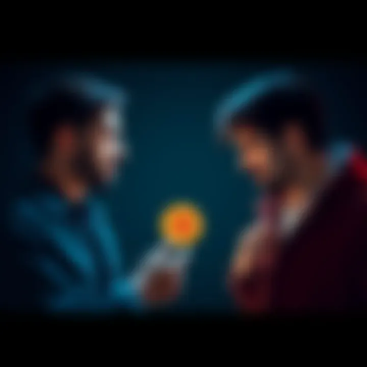 A tense conversation between two friends, one showing interest in Bitcoin while the other looks frustrated, symbolizing strained friendship due to cryptocurrency obsession.