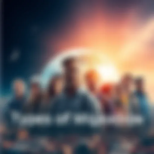 A diverse group of people representing different migration types, such as refugees, workers, and students, with a globe in the background.