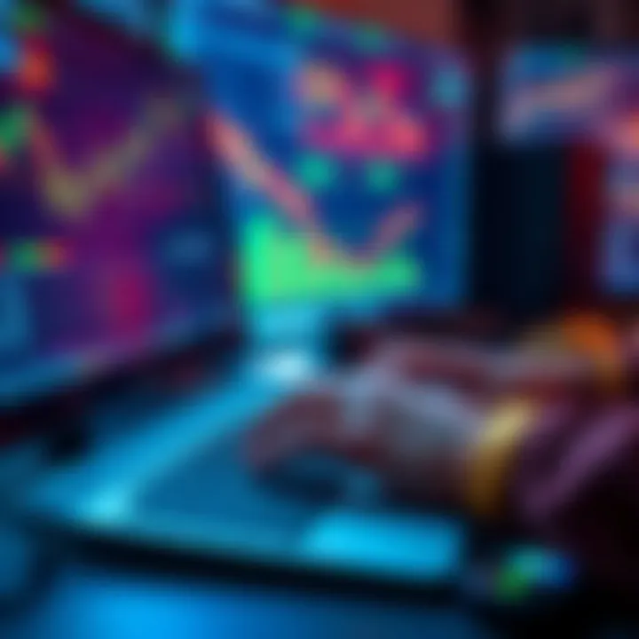 A person typing a trading strategy on a computer with financial charts in the background