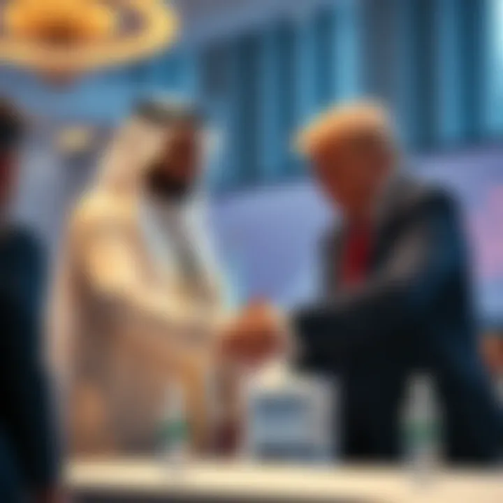 A UAE royal figure shakes hands with a member of the Trump family at a cryptocurrency conference, symbolizing their new partnership.