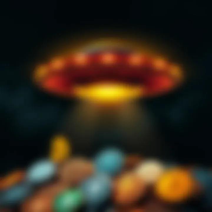 A UFO hovering above various cryptocurrency symbols, symbolizing the connection between alien disclosure and the crypto market.