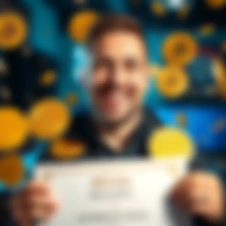 A 36-year-old man celebrating his financial success with Bitcoin symbols around him, smiling and holding a certificate of achievement.