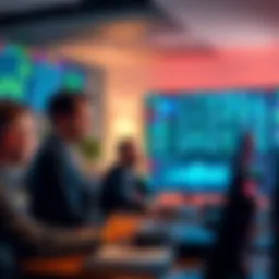 Group of professionals executing foreign exchange trades with digital screens showing tokenized assets and currency symbols in an office setting