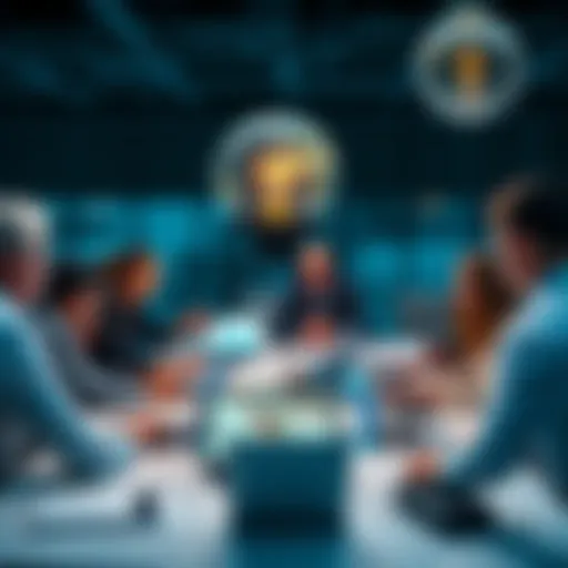 A group of UK investors discussing different investment strategies around a table with graphs and charts on their laptops.