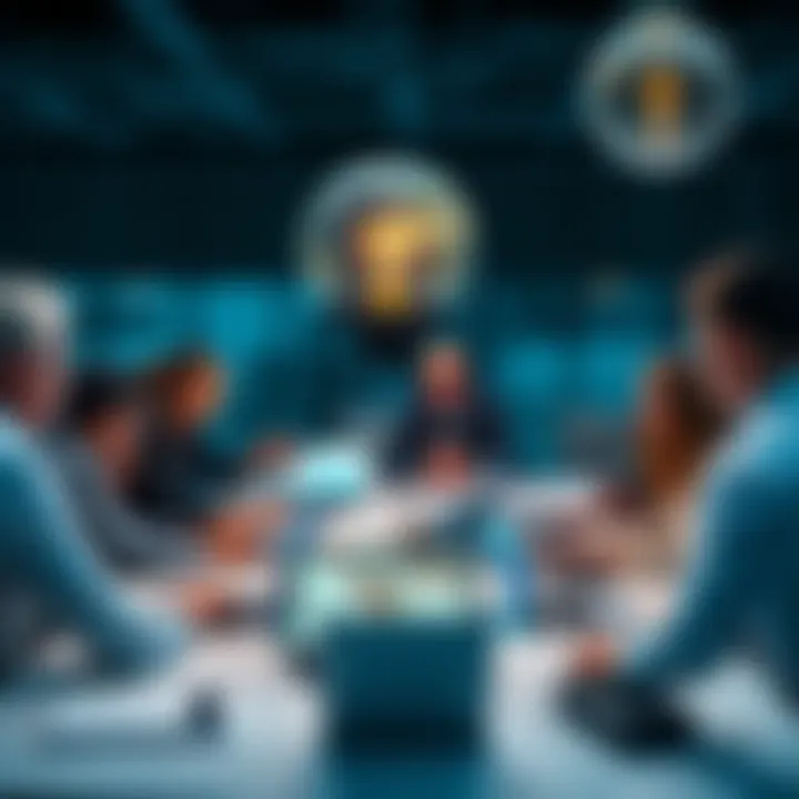 A group of UK investors discussing different investment strategies around a table with graphs and charts on their laptops.