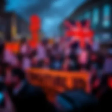 Crowd of people protesting against digital ID in the UK, holding banners and signs