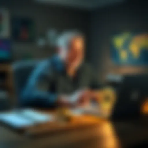 A smiling man sitting at a desk with a laptop, excitedly looking at Bitcoin charts and documents. Coins and a Nexo logo are visible on the table.