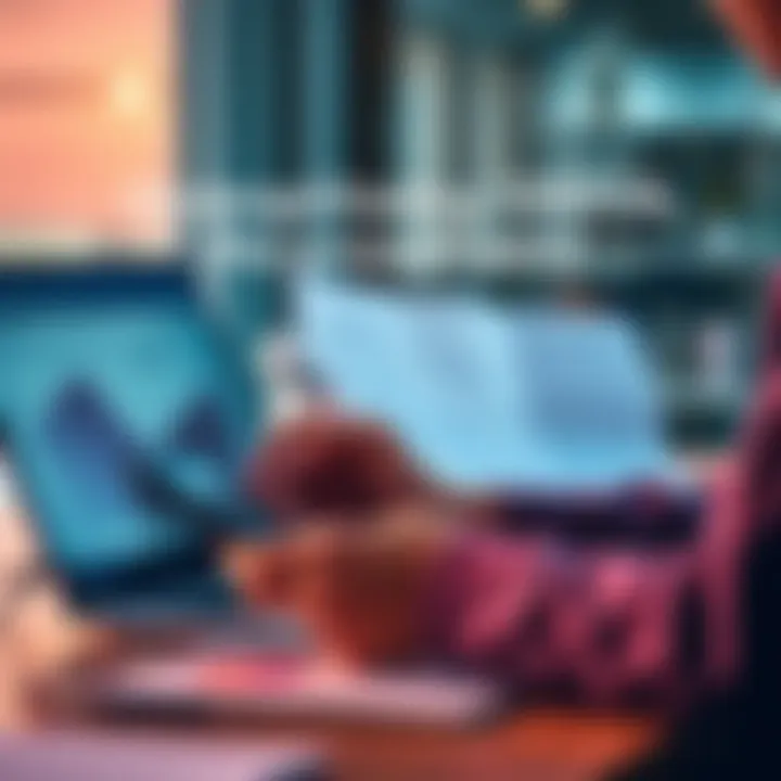 A person reviewing financial documents with a laptop and calculator, focusing on 1099DA forms and transaction details with Uphold.