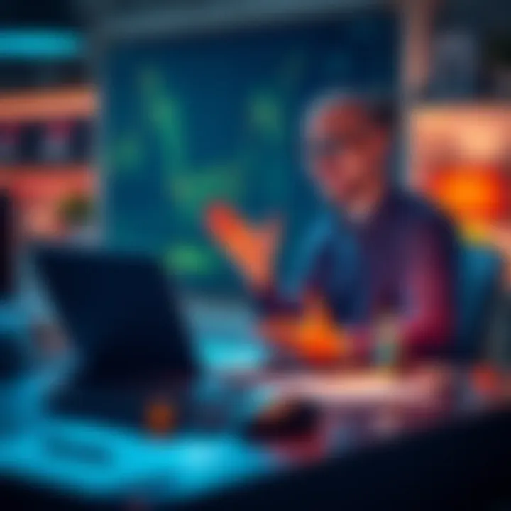A person is sitting at a desk with a laptop, looking relieved and enlightened while studying cryptocurrency graphs and information.