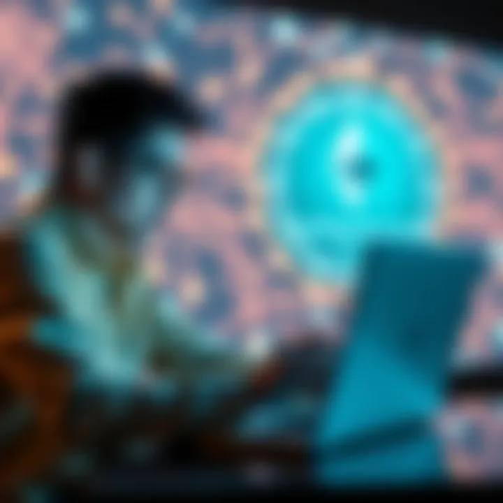 A person studying Ethereum concepts on a laptop with blockchain graphics in the background