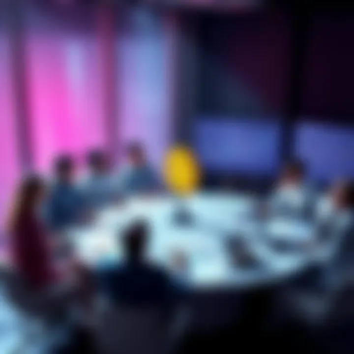 A group of people discussing Bitcoin at a round table with charts and graphs showing cryptocurrency trends