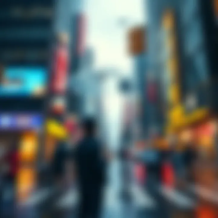 A person standing at a busy intersection, surprised by a sudden rain shower, looking up with an umbrella in hand.