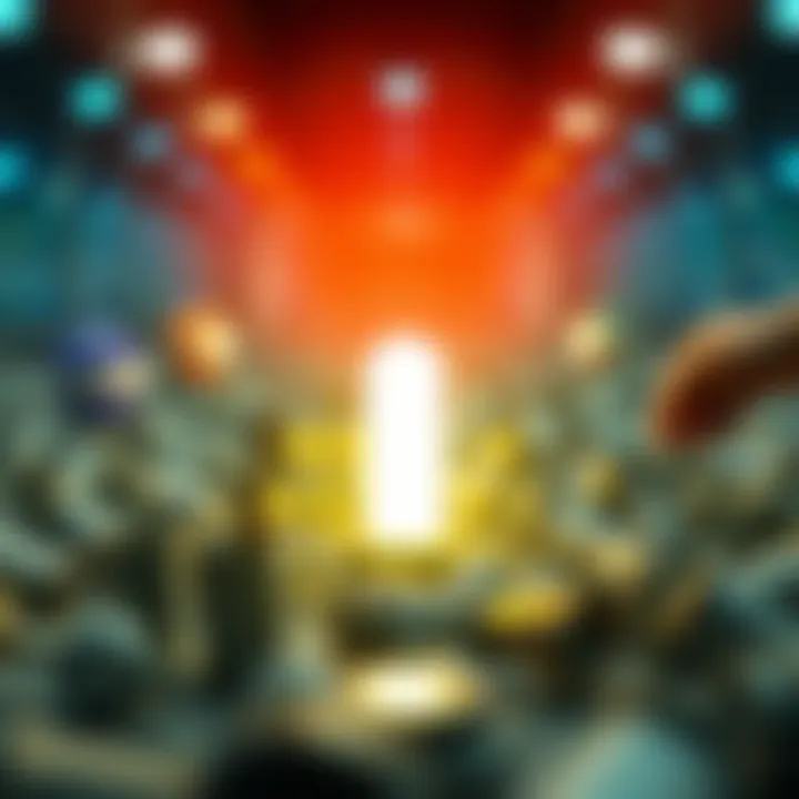 A bright colored object set apart from dull background items, illustrating uniqueness.