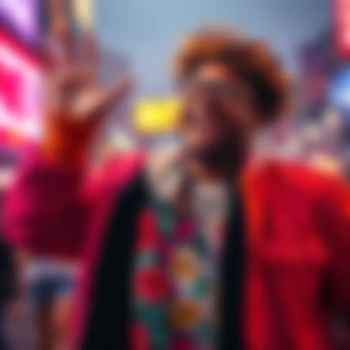 A confident person showcasing their individuality with pride, dressed in vibrant attire and expressing joy.