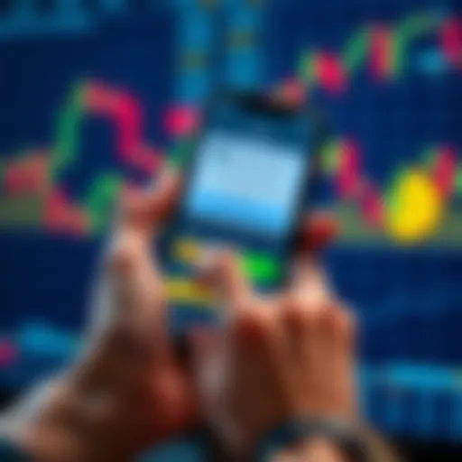 A person holding a smartphone with a trading app open, showing a 500 USDT bonus notification on the screen. Background features currency symbols and charts.