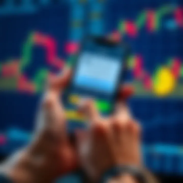 A person holding a smartphone with a trading app open, showing a 500 USDT bonus notification on the screen. Background features currency symbols and charts.