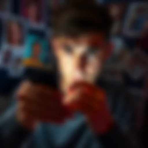 A person trying to unlock a deceased father's iPhone with a thoughtful expression, surrounded by family photos