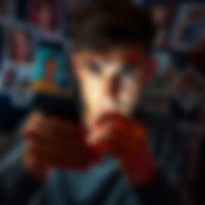 A person trying to unlock a deceased father's iPhone with a thoughtful expression, surrounded by family photos