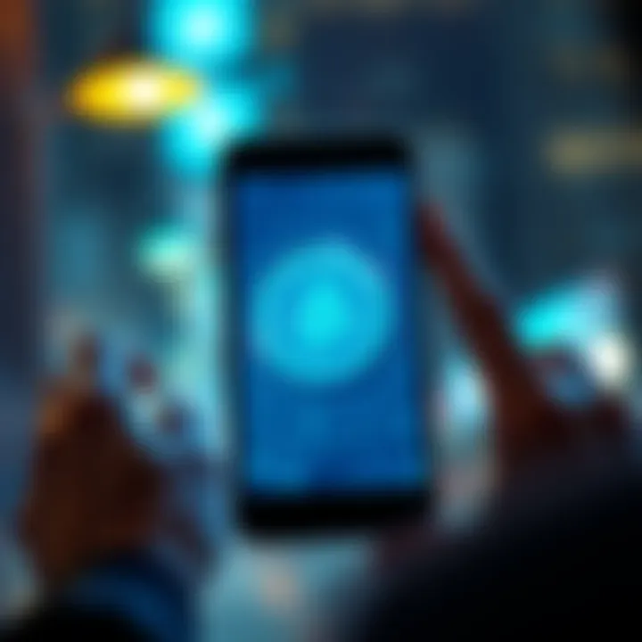 A person looking at a phone with a Pi coin graphic on the screen, showing a key unlocking a digital wallet