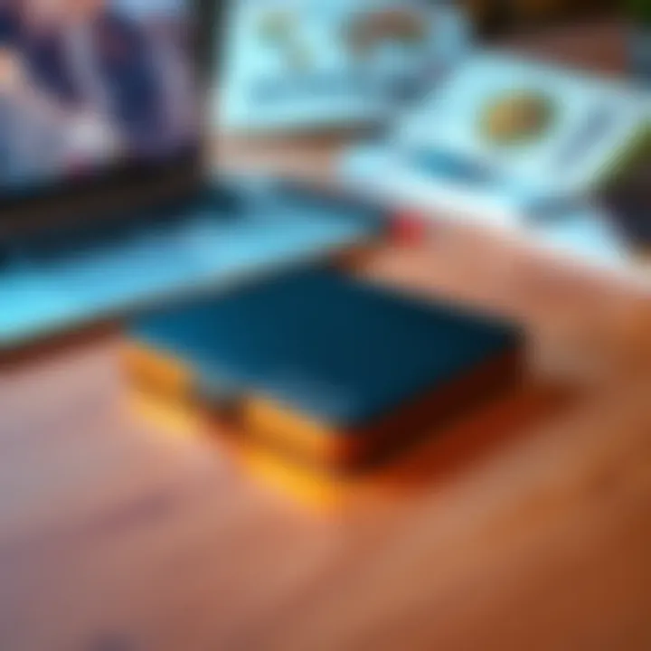A new, unopened Ledger cryptocurrency wallet lying flat on a wooden desk, with a laptop and cryptocurrency guides in the background.