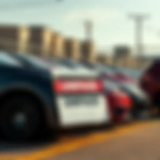 A row of vehicles parked at an auction site with a sign indicating unpaid transactions, highlighting the issue of winning bidders not completing purchases.