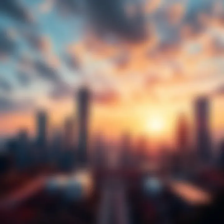 A futuristic city skyline with modern buildings symbolizing changes in industries.